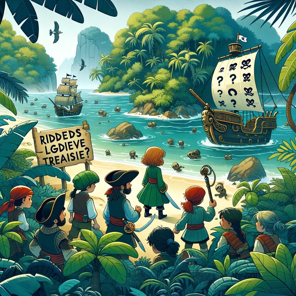 Une illustration destinée aux enfants représentant une femme pirate courageuse et audacieuse, accompagnée de son équipage, découvrant une île mystérieuse recouverte d'une dense végétation tropicale, où se cachent des énigmes et des trésors légendaires.