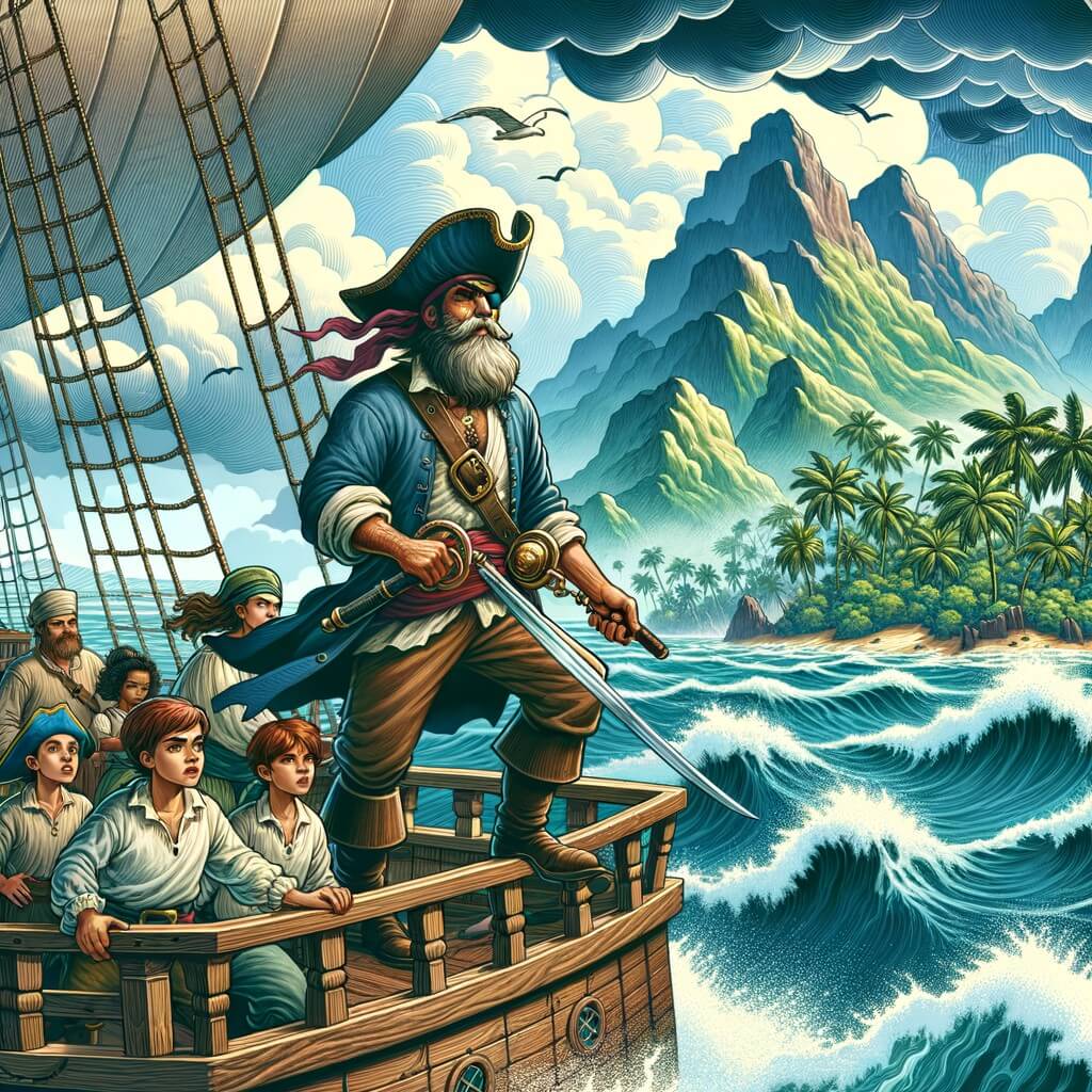 Une illustration destinée aux enfants représentant un pirate barbu et intrépide, se tenant sur le pont d'un navire en bois, entouré de son équipage fidèle, naviguant sur une mer agitée avec des vagues immenses et un ciel rempli de nuages sombres, à la recherche d'un trésor légendaire sur une île exotique et mystérieuse, pleine de palmiers, de grottes cachées et de montagnes escarpées.