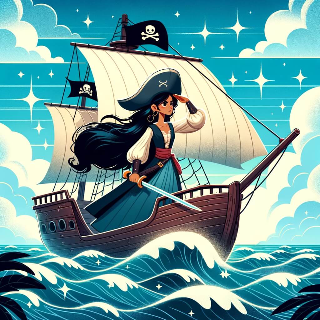 Une illustration destinée aux enfants représentant une femme pirate courageuse, cheveux noirs comme l'ébène, naviguant sur son bateau, le Black Pearl, à la recherche d'un trésor légendaire, dans les mers des Caraïbes, entourée de vagues scintillantes et d'un ciel bleu azur.
