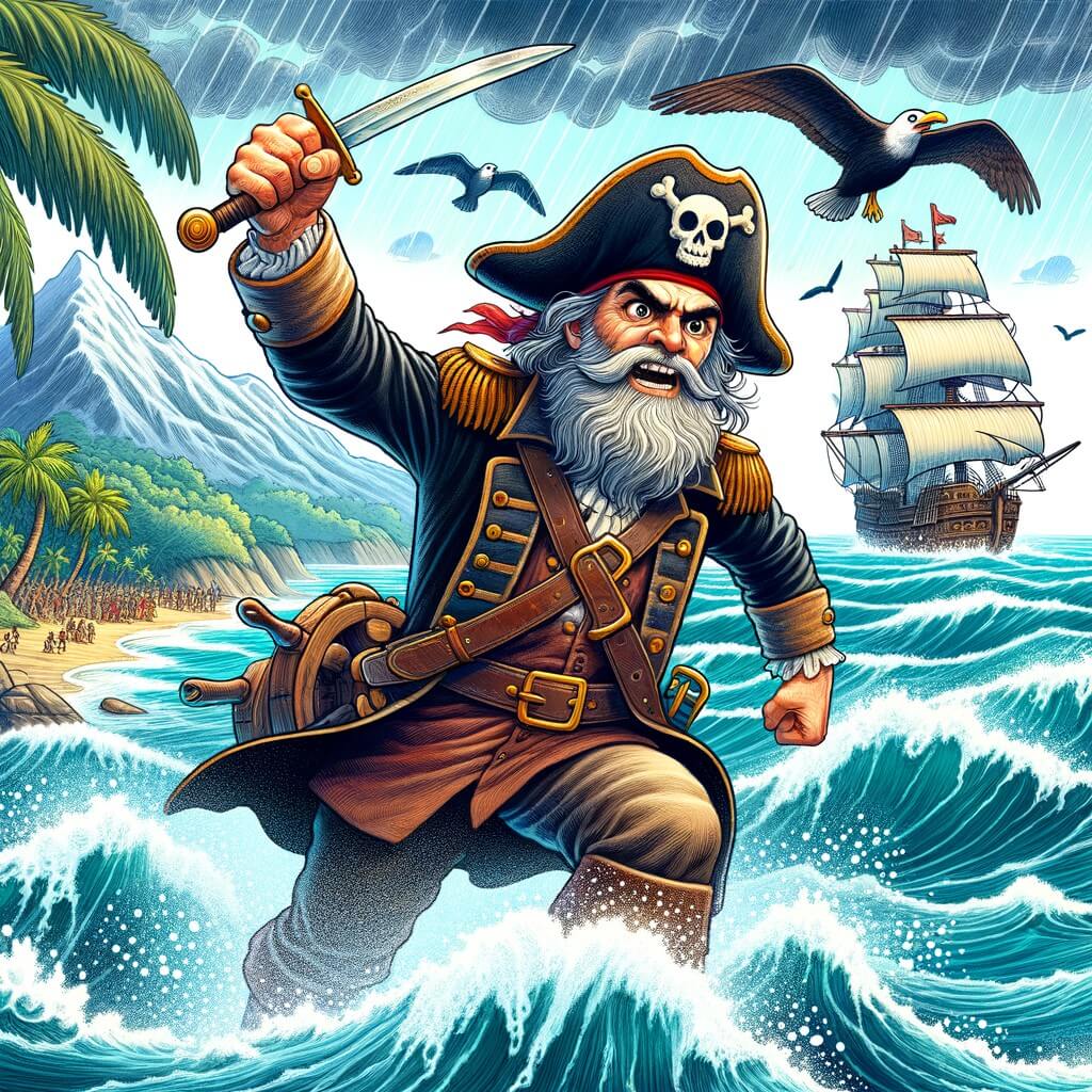 Une illustration pour enfants représentant un capitaine courageux et téméraire, à la recherche d'un trésor légendaire, dans les eaux tumultueuses de l'île des crânes.