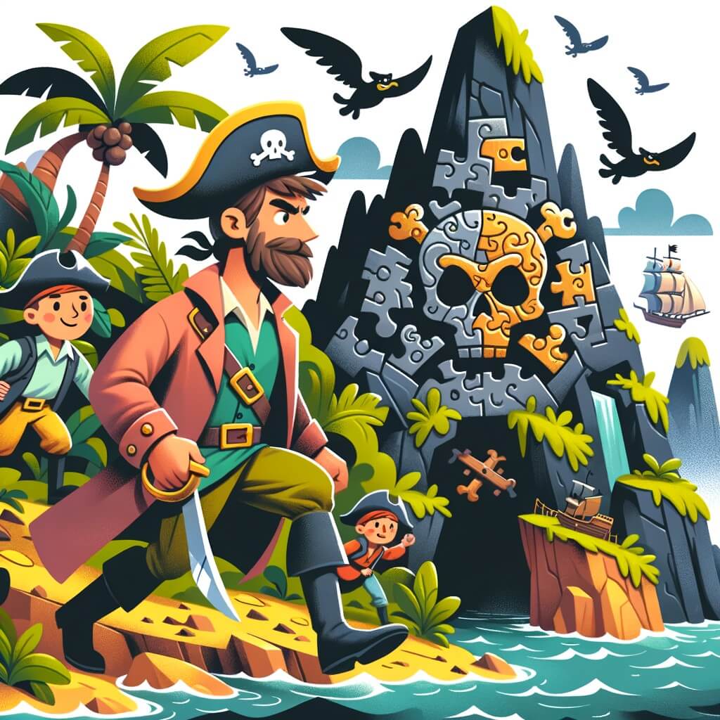 Une illustration pour enfants représentant un homme courageux et aventurier, à la recherche d'un trésor légendaire, sur une île mystérieuse au milieu de l'océan.
