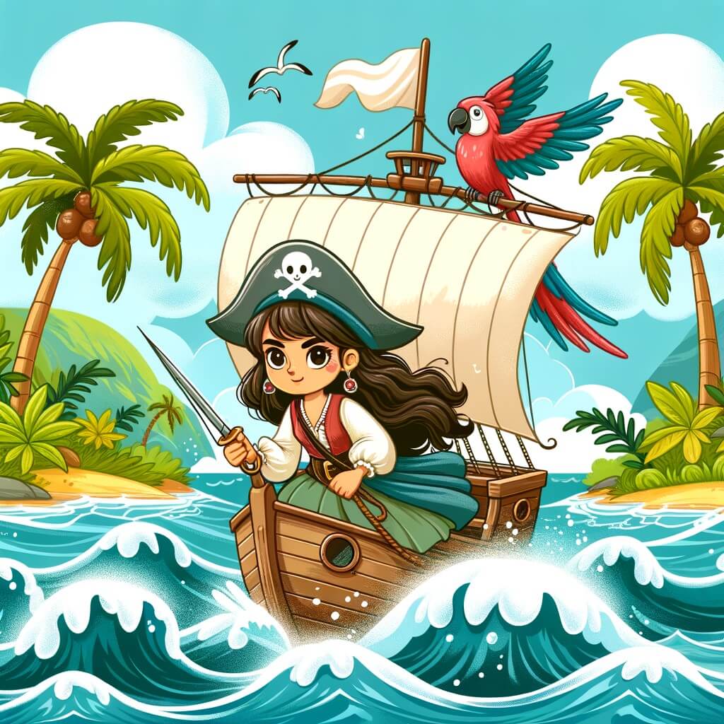 Une illustration pour enfants représentant une pirate intrépide, en quête d'un trésor fabuleux, sur une île mystérieuse.