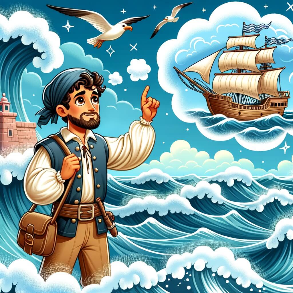 Une illustration pour enfants représentant un homme rêvant d'aventure, naviguant sur une mer agitée à la recherche d'un trésor légendaire sur une île mystérieuse.