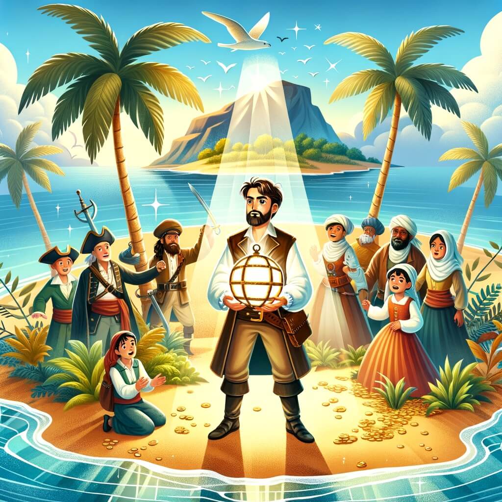 Une illustration destinée aux enfants représentant un homme courageux et intrépide, entouré de son équipage, à la recherche d'un trésor légendaire sur une île mystérieuse entourée de palmiers majestueux, de sables dorés et d'une mer scintillante.