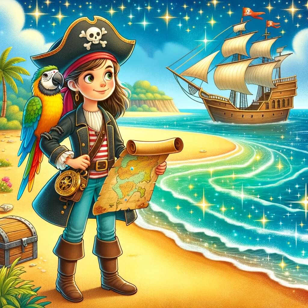 Une illustration pour enfants représentant une pirate audacieuse, en quête d'un trésor légendaire, sur une île mystérieuse.