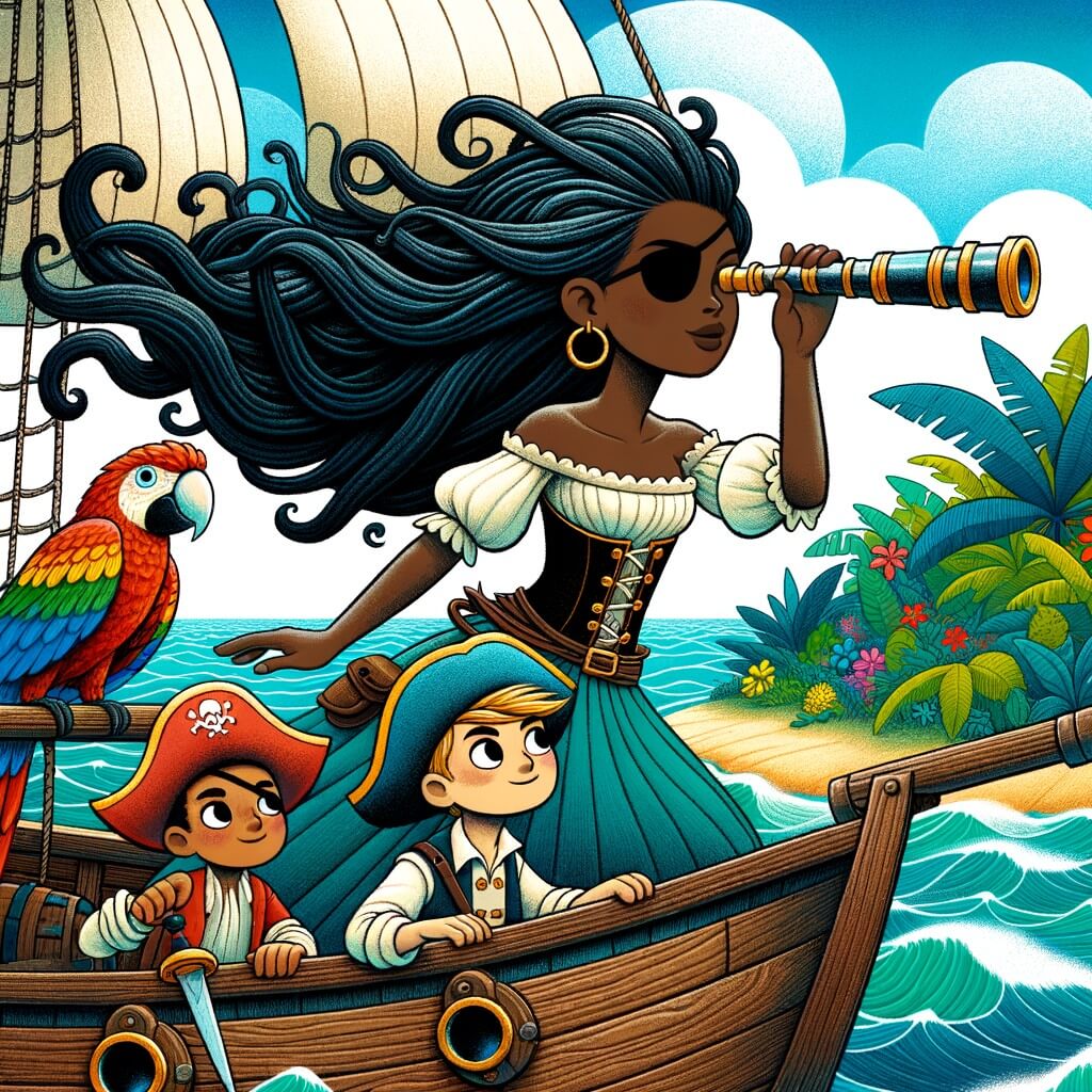 Une illustration pour enfants représentant une pirate intrépide, en quête d'un trésor légendaire, sur une île mystérieuse.