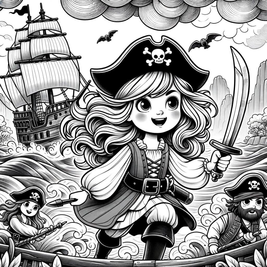 Une illustration pour enfants représentant une pirate intrépide, à la recherche d'un trésor légendaire, sur une île mystérieuse.