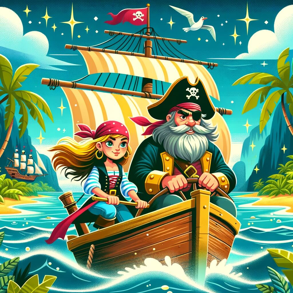 Une illustration pour enfants représentant une jeune femme audacieuse et déterminée, naviguant sur un navire pirate, à la recherche d'un trésor légendaire, dans un village côtier.