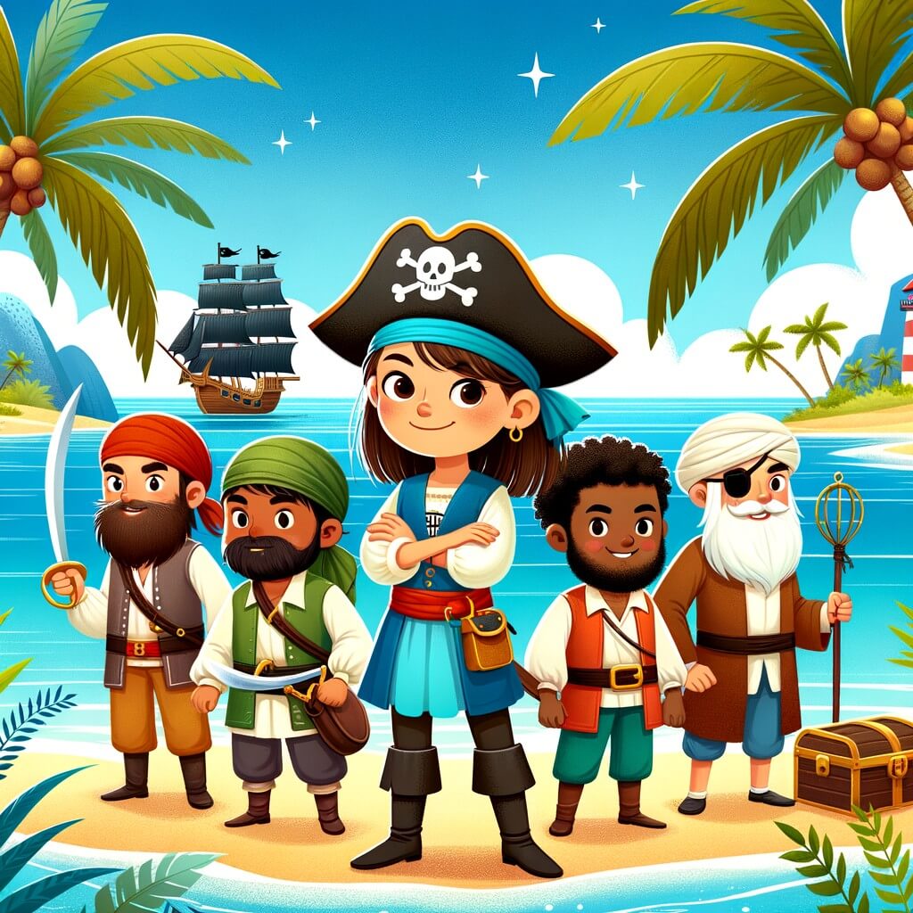 Une illustration destinée aux enfants représentant une femme pirate courageuse, entourée de son équipage, cherchant un trésor caché sur une île tropicale avec des palmiers se balançant doucement au vent, un ciel bleu azur et une mer scintillante.