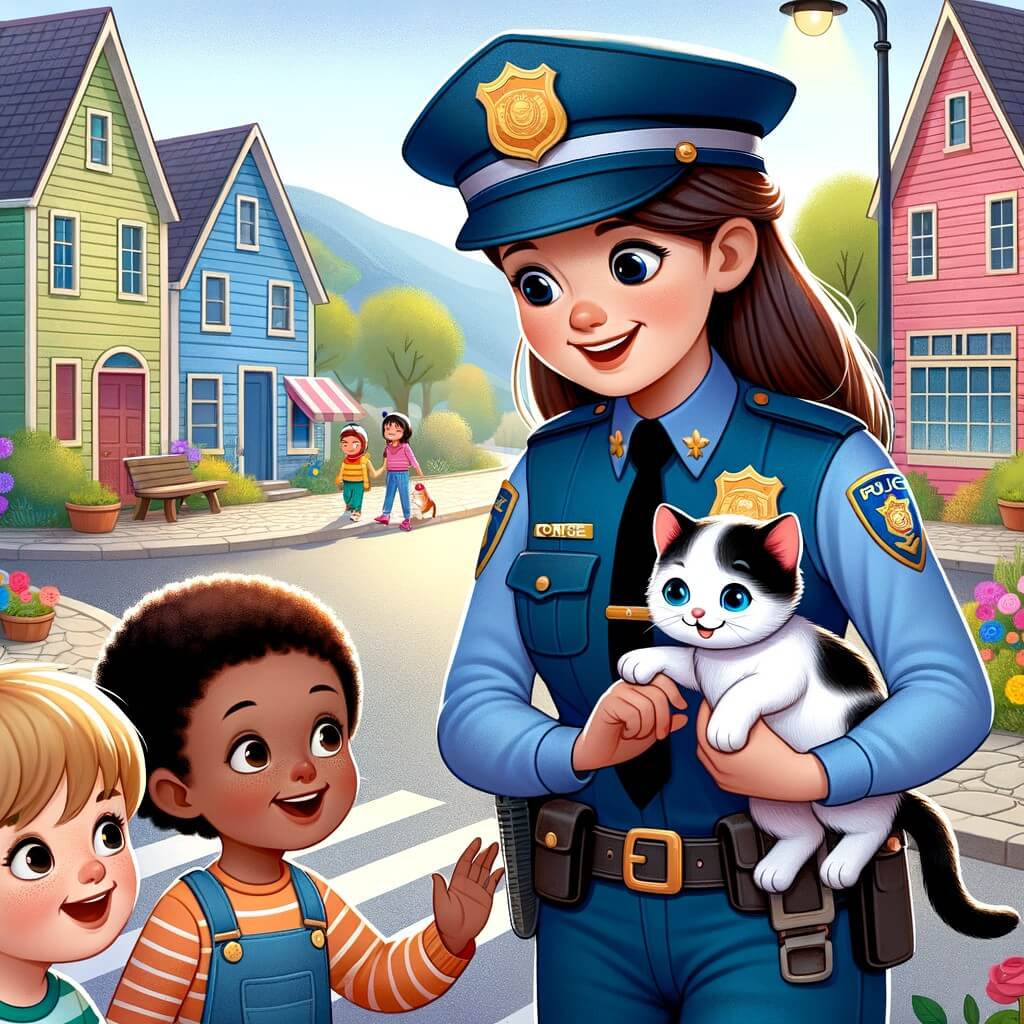 Une illustration destinée aux enfants représentant une jeune policière au sourire radieux, aidant deux enfants à retrouver leur chaton disparu, dans la charmante petite ville de Bonheurville, où les maisons colorées entourent un commissariat accueillant.
