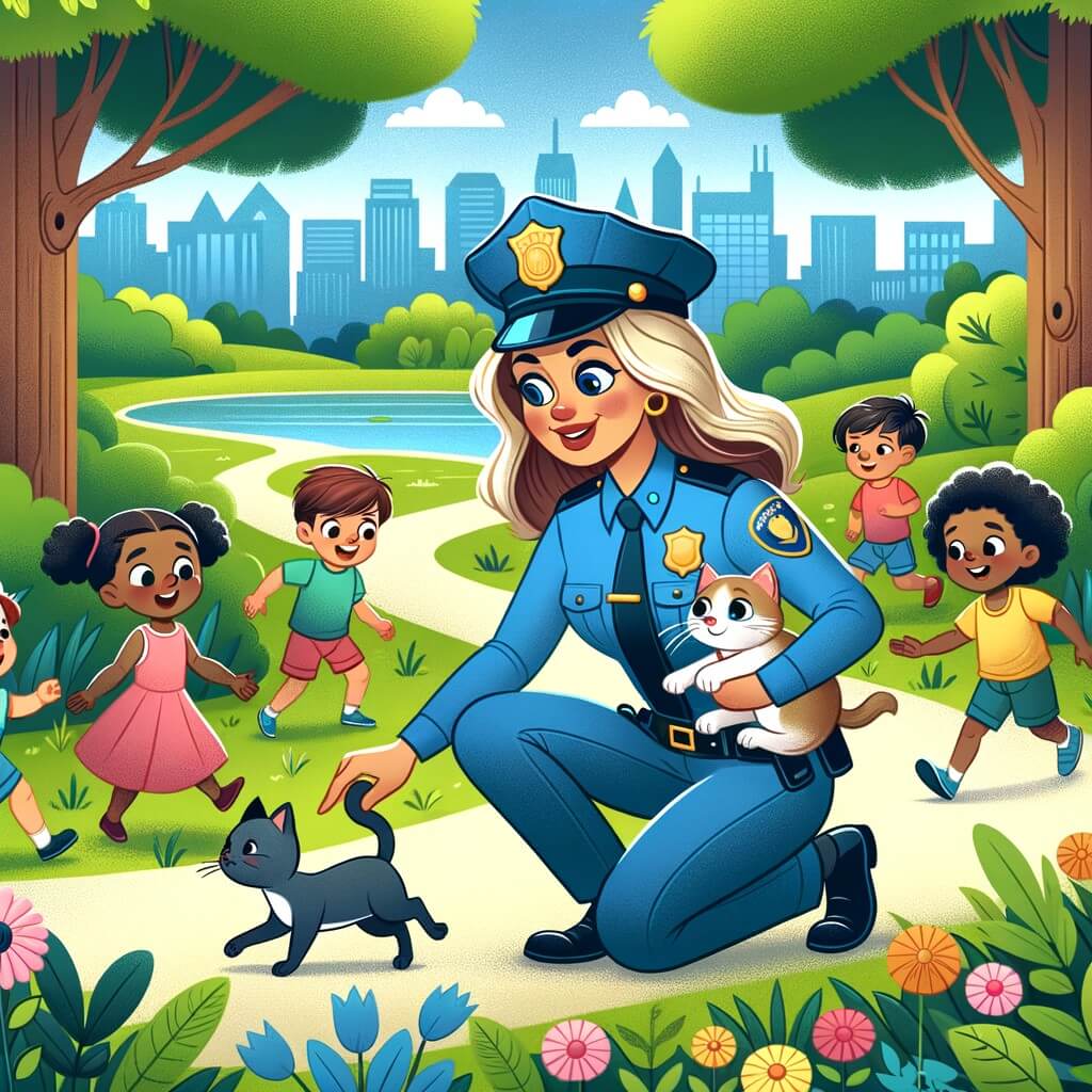 Une illustration destinée aux enfants représentant une femme policière passionnée, résolue et déterminée, qui aide un groupe d'enfants à retrouver leur chat perdu dans un parc verdoyant avec de grands arbres, des sentiers sinueux et des fleurs colorées.