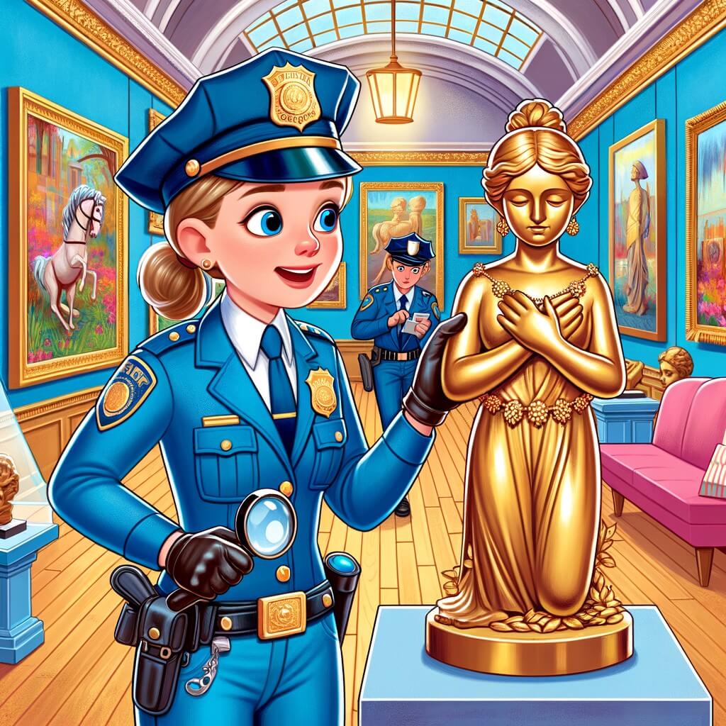 Une illustration destinée aux enfants représentant une jeune femme courageuse en uniforme de police, résolvant le mystère du vol d'une précieuse statue en or avec l'aide de son partenaire, dans une galerie d'art colorée remplie de sculptures et de peintures.