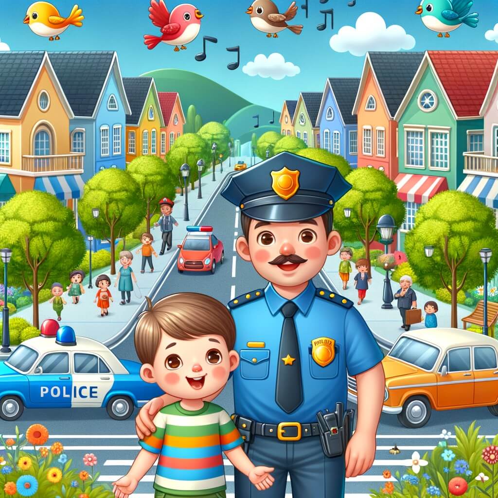 Une illustration destinée aux enfants représentant un policier jovial et bienveillant, accompagné d'un jeune garçon curieux, dans une ville animée et colorée avec des voitures qui passent, des oiseaux qui chantent et des passants qui marchent sur un trottoir bordé de magnifiques arbres et de jolies maisons.
