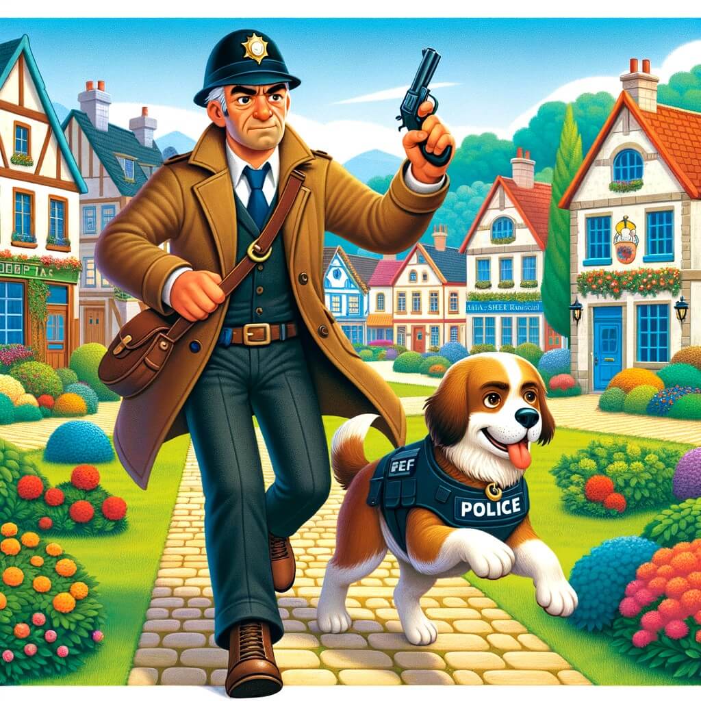 Une illustration pour enfants représentant un courageux policier, résolvant un mystère de vol dans la charmante ville de Bonheurville.