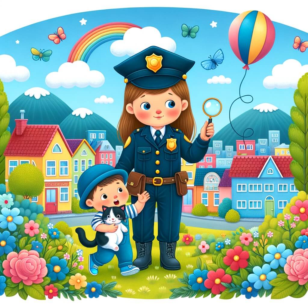 Une illustration pour enfants représentant une policière souriante en train d'aider un petit garçon à retrouver son chat dans une ville animée.