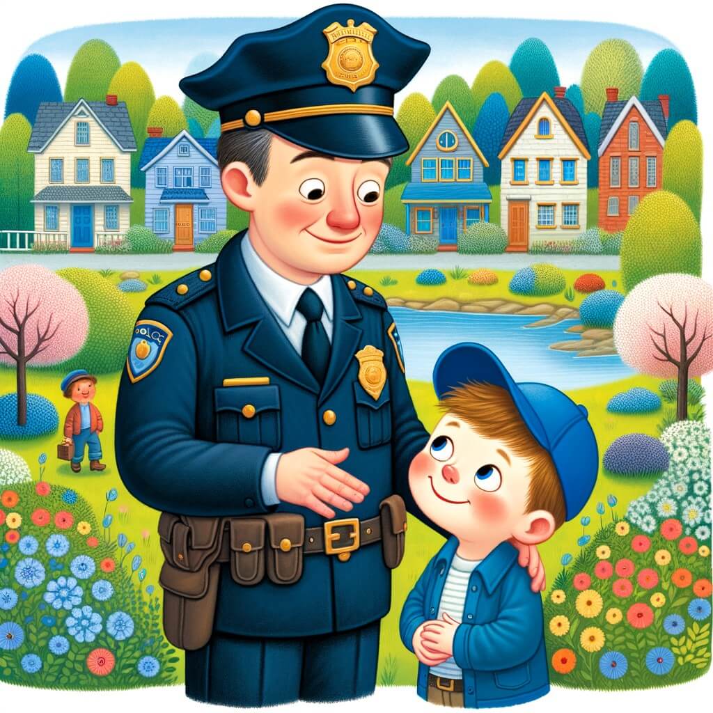 Une illustration pour enfants représentant un policier intrépide, en plein cœur d'une petite ville paisible où il résout des mystères et protège les habitants.