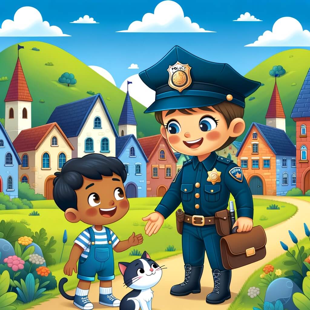 Une illustration pour enfants représentant un policier courageux et déterminé, qui doit infiltrer un groupe de voleurs pour protéger la banque de son village, dans un petit village paisible.