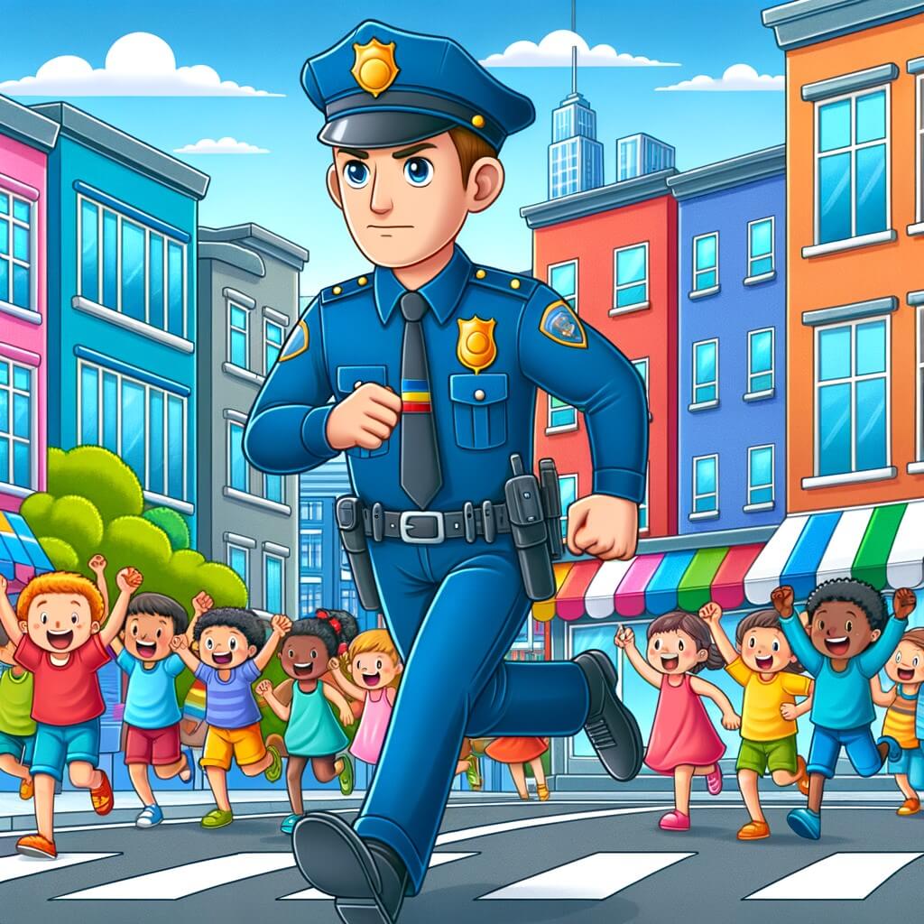 Une illustration destinée aux enfants représentant un courageux policier, vêtu de son uniforme bleu, en train de poursuivre un voleur à travers les rues animées d'une ville colorée et joyeuse, avec des enfants qui l'encouragent et des bâtiments aux façades colorées bordant la route.