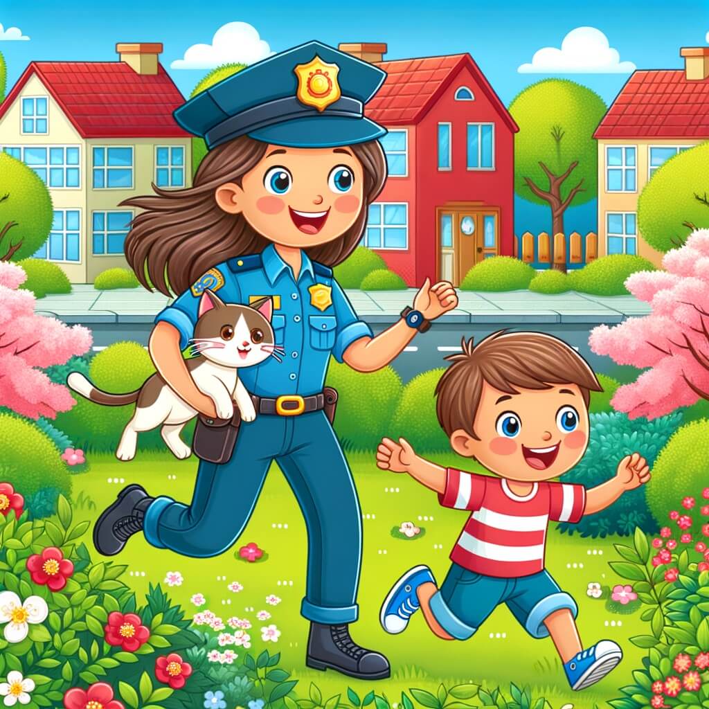 Une illustration destinée aux enfants représentant une femme policière, souriante et dynamique, aidant un petit garçon à retrouver son chat disparu, dans un quartier coloré avec des maisons aux toits rouges, des arbres fleuris et un parc verdoyant en arrière-plan.