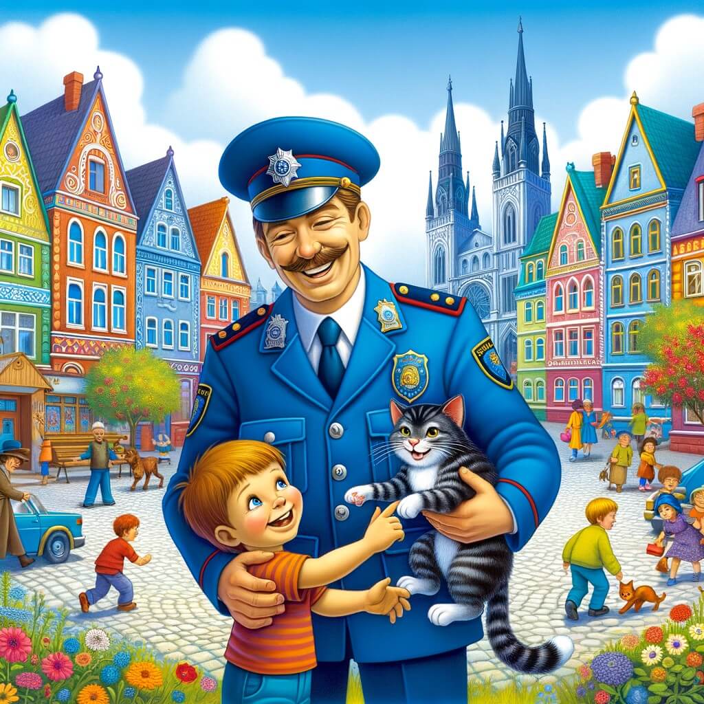 Une illustration destinée aux enfants représentant un homme joyeux, vêtu d'un uniforme bleu de policier, aidant un petit garçon à retrouver son chat perdu, dans une ville animée avec des maisons colorées, des arbres en fleurs et des enfants qui jouent dans les rues.