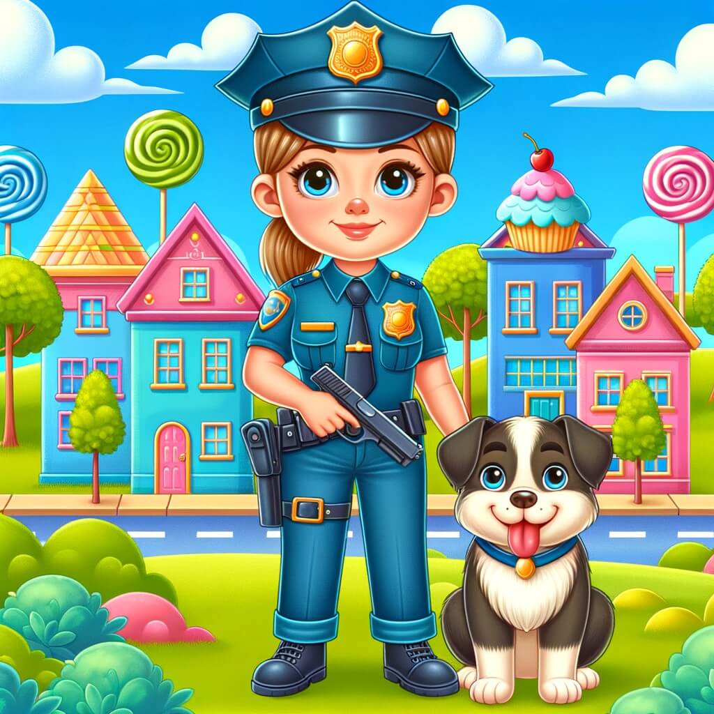 Une illustration destinée aux enfants représentant une jeune femme policière, prête à résoudre des mystères, accompagnée de son fidèle chien policier, dans une ville colorée et animée, avec des maisons aux toits en forme de cupcakes et des arbres en forme de sucettes, où règne une atmosphère joyeuse et sécurisante.