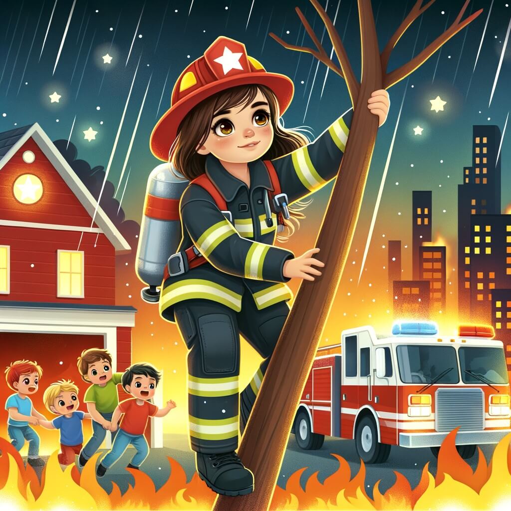 Une illustration destinée aux enfants représentant une jeune femme pompier courageuse et déterminée, en train de sauver des enfants coincés en haut d'un arbre, avec une caserne de pompiers rouge vif et des camions flamboyants en arrière-plan.
