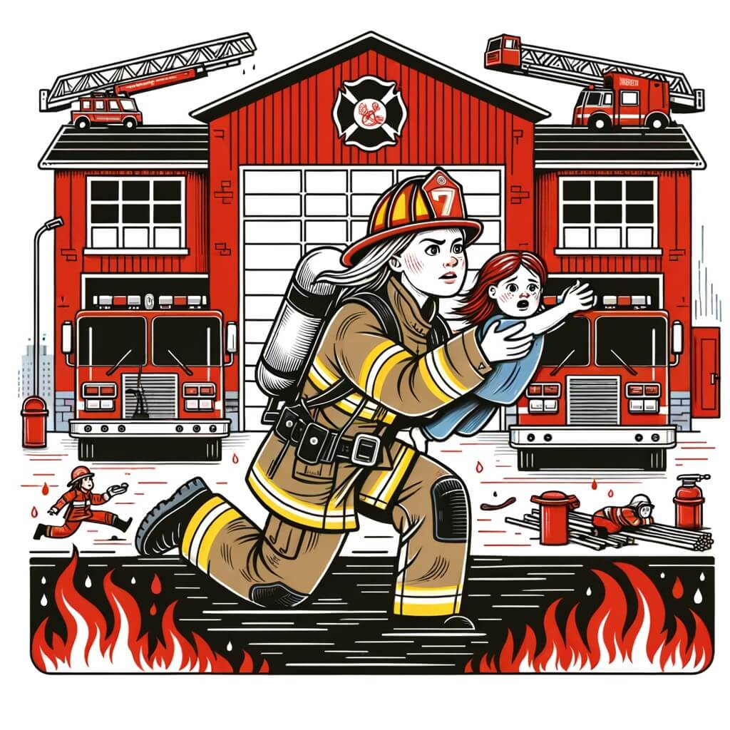 Une illustration pour enfants représentant une femme pompier courageuse et déterminée, luttant contre un incendie dans une petite ville animée.