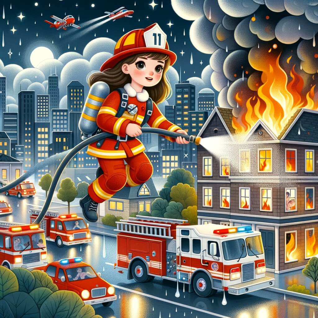 Une illustration pour enfants représentant une courageuse jeune femme pompier en train de combattre un incendie dans une petite ville.