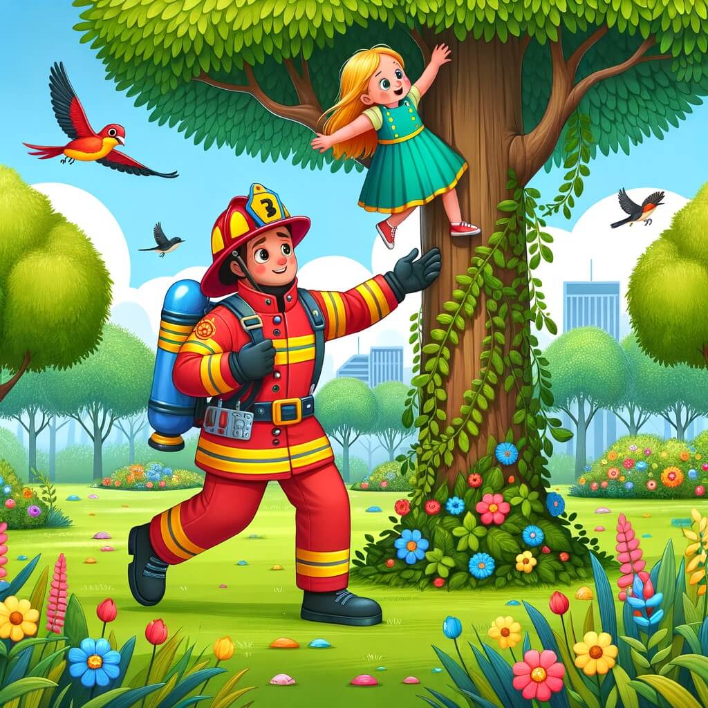 Une illustration destinée aux enfants représentant un courageux pompier, vêtu de sa combinaison rouge et jaune, en train de sauver une petite fille coincée en haut d'un grand arbre dans un parc verdoyant, entouré de fleurs colorées et d'oiseaux chantants.