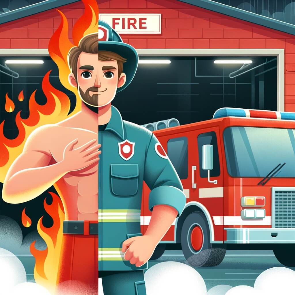 Une illustration destinée aux enfants représentant un homme courageux et déterminé, entouré de flammes et de fumée, accompagné d'un pompier bienveillant, dans une caserne de pompiers rouge vif avec un grand camion garé devant, prêt à combattre les incendies et sauver des vies.