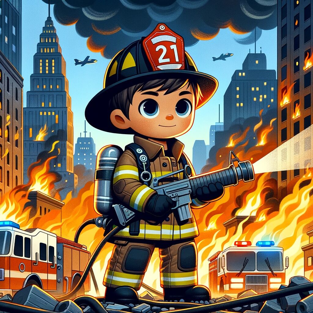 Une illustration pour enfants représentant un jeune homme passionné par les pompiers, se retrouvant au cœur d'une mission périlleuse dans une ville enflammée.