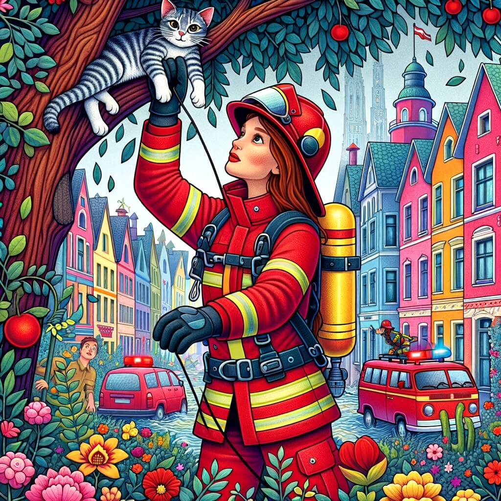 Une illustration pour enfants représentant une pompière courageuse qui sauve des vies lors d'un incendie dans un immeuble, à la caserne des pompiers.