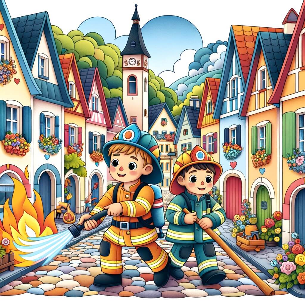 Une illustration pour enfants représentant un homme courageux en uniforme de pompier, luttant contre un incendie dans une petite ville appelée Villejoyeuse.