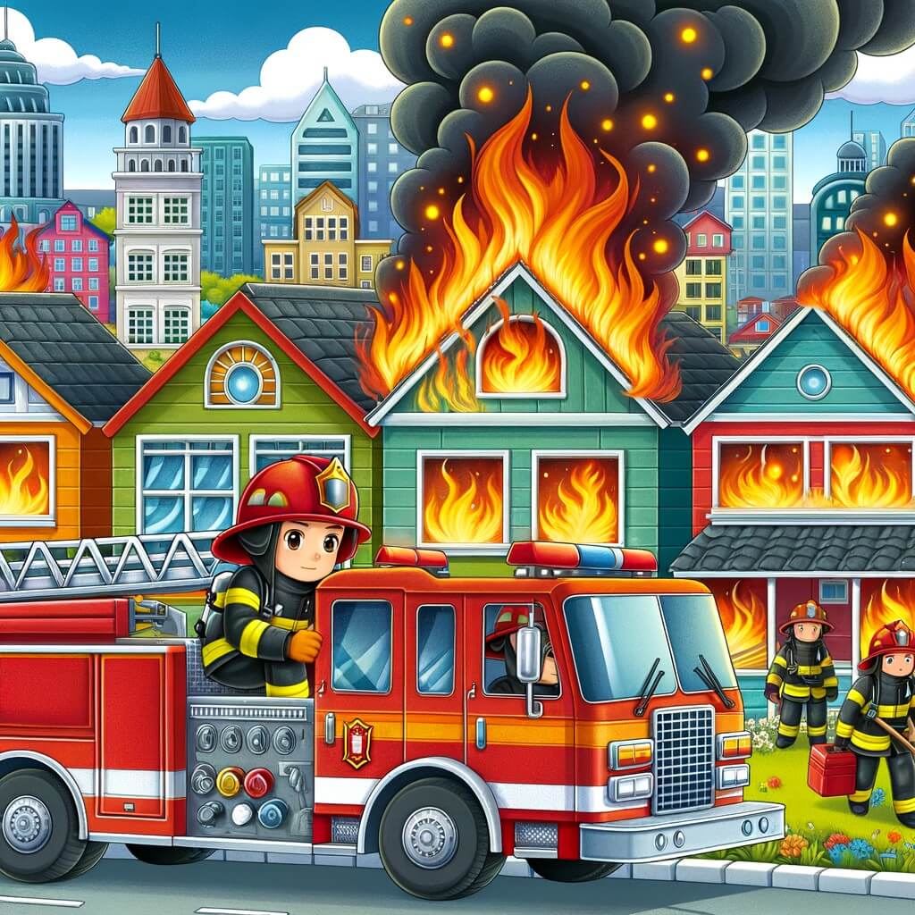 Une illustration pour enfants représentant un pompier passionné par son travail, qui sauve des vies et protège la ville contre les incendies, dans sa caserne rouge.