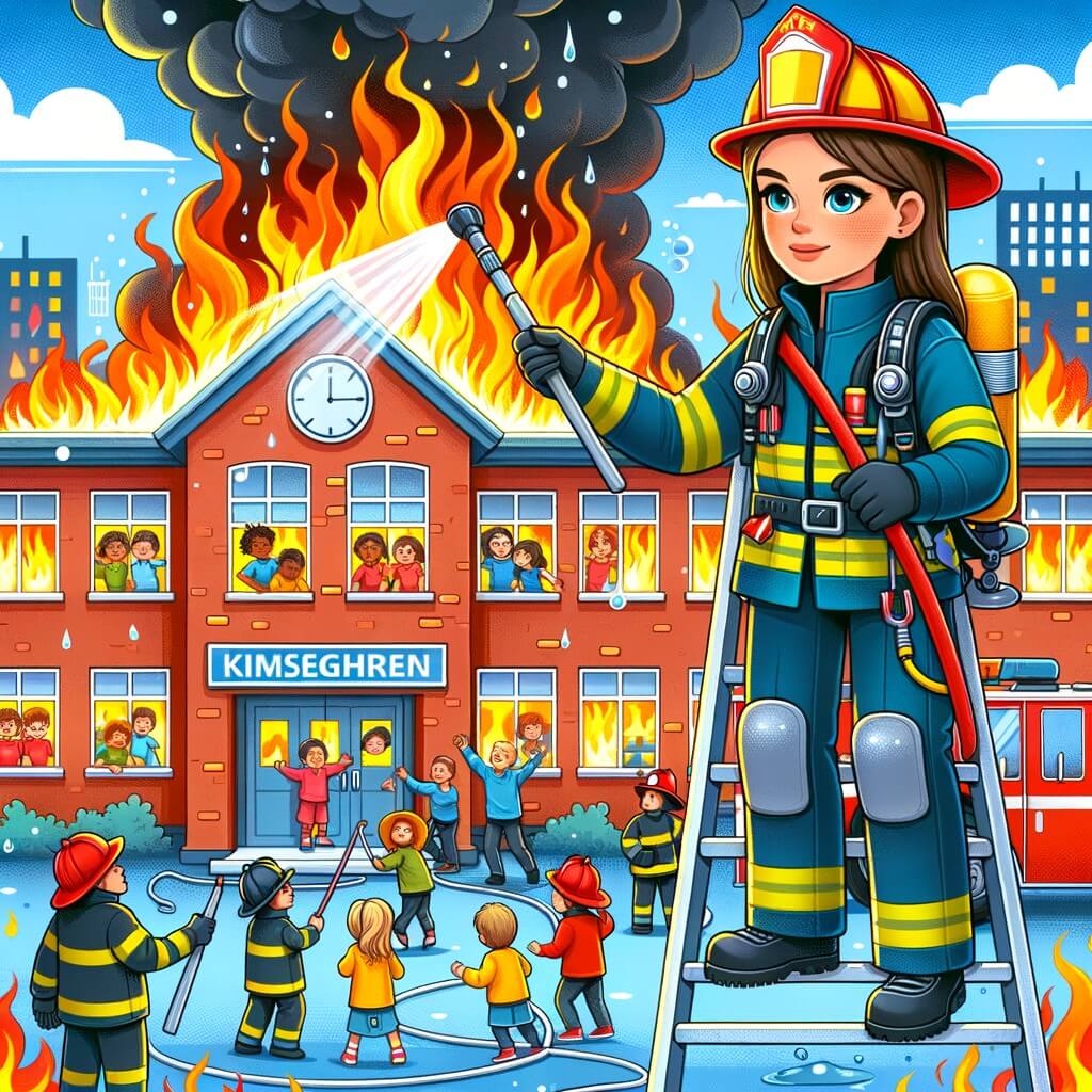 Une illustration pour enfants représentant une jeune femme pompier, en mission de sauvetage dans une école maternelle en feu.
