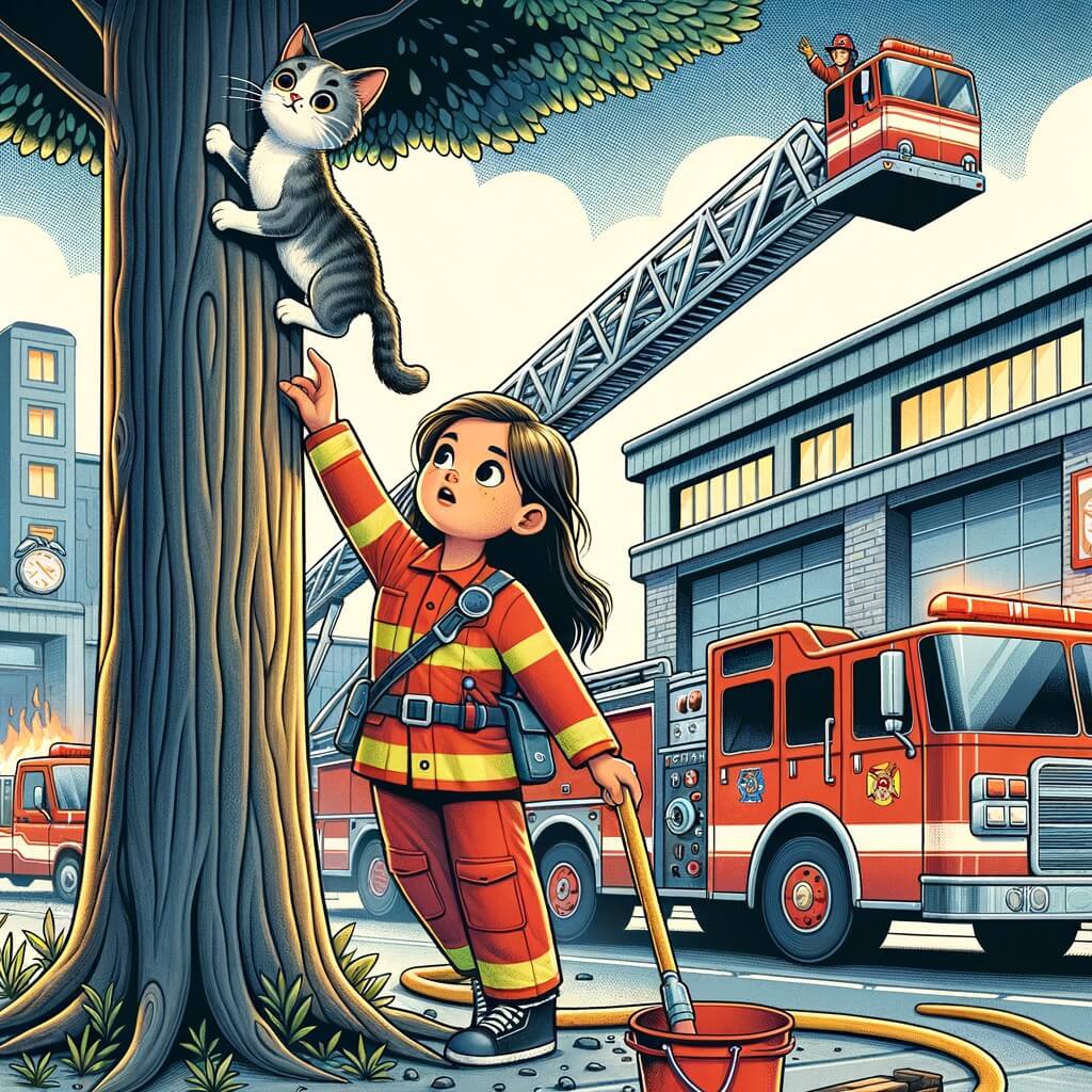 Une illustration destinée aux enfants représentant une jeune femme audacieuse et courageuse, vêtue d'un uniforme de pompier rouge vif, en train de sauver un chat coincé tout en haut d'un grand arbre, dans une caserne de pompiers animée par des camions rouges brillants et une grande échelle étendue vers le ciel.