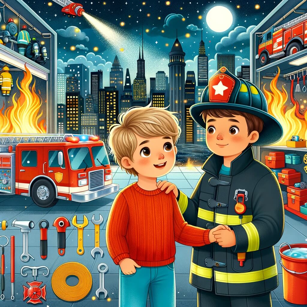 Une illustration destinée aux enfants représentant un jeune homme passionné par les pompiers, se retrouvant dans une caserne immense remplie de camions rouges étincelants, d'outils de secours et d'équipements, accompagné d'un pompier bienveillant nommé Jean, dans la ville animée où les flammes dansent dans un immeuble en feu.