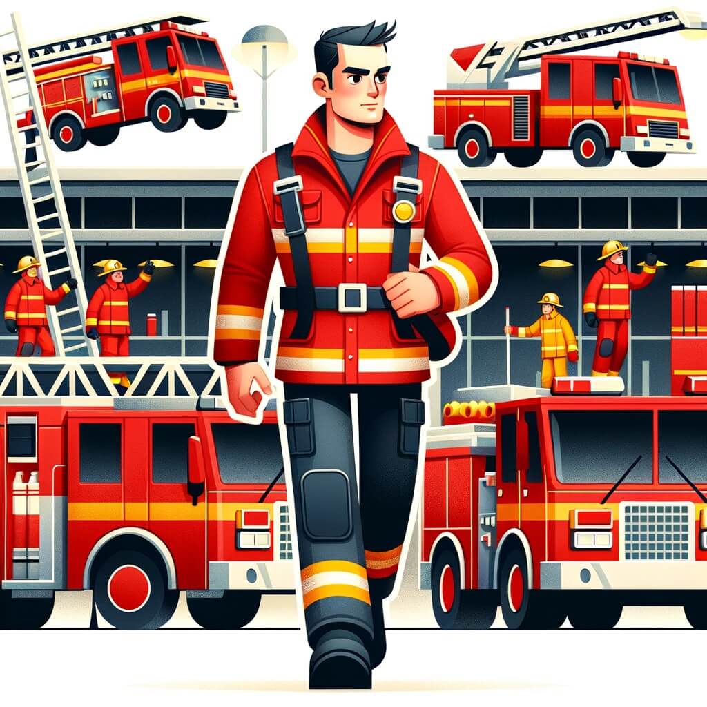 Une illustration destinée aux enfants représentant un homme courageux vêtu de rouge, évoluant au milieu d'une caserne de pompiers animée, avec des camions rouges étincelants et une grande échelle jaune, prêt à partir en mission pour sauver des vies.