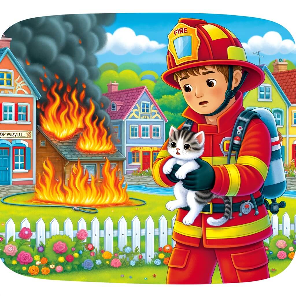 Une illustration pour enfants représentant un pompier courageux dans une ville enflammée.