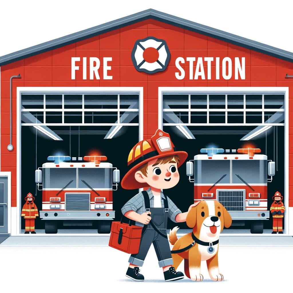 Une illustration pour enfants représentant un jeune garçon passionné par les camions de pompiers qui visite la caserne de pompiers de sa ville et se retrouve involontairement impliqué dans une intervention héroïque.