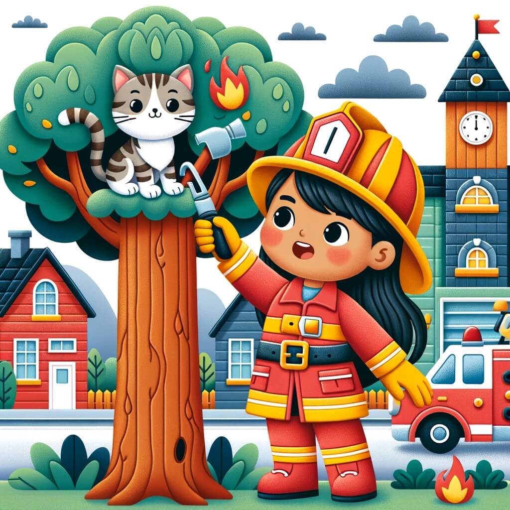 Une illustration destinée aux enfants représentant une courageuse femme pompier, vêtue d'un uniforme rouge et casque jaune, en train de sauver un chat perché dans un grand arbre, entourée de maisons colorées et d'une belle caserne de pompiers en arrière-plan.