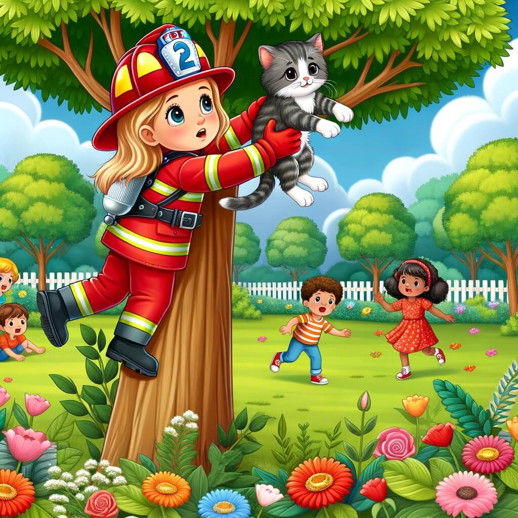 Une illustration destinée aux enfants représentant une femme pompier courageuse et déterminée, en uniforme rouge et casque brillant, qui sauve un chaton coincé tout en haut d'un grand arbre dans un joli parc verdoyant avec des fleurs colorées et des enfants qui jouent joyeusement autour.