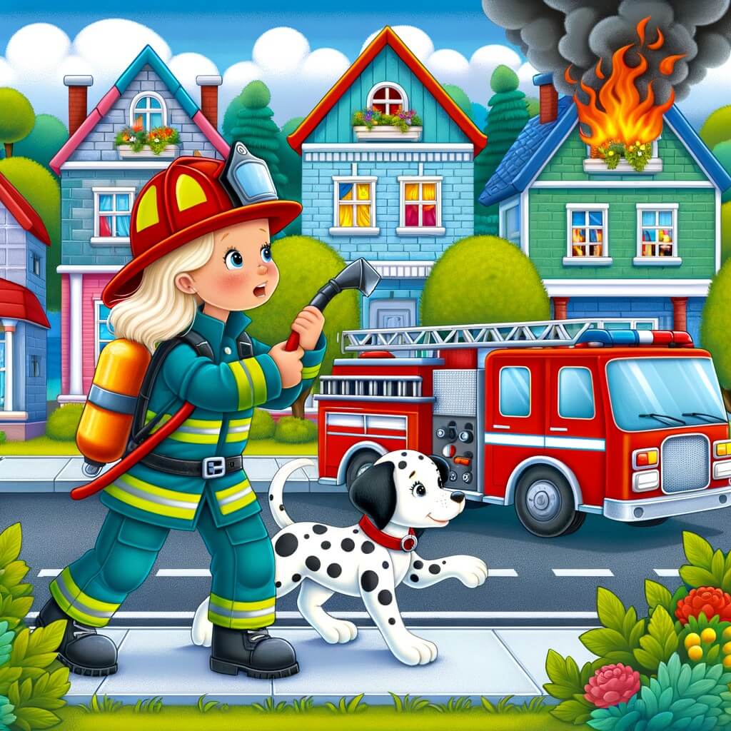Une illustration destinée aux enfants représentant une femme pompier courageuse, luttant contre un incendie dans une maison en feu, avec l'aide précieuse d'un adorable chien dalmatien, dans une petite ville animée avec des maisons colorées, des arbres verts et un camion de pompiers rouge vif.