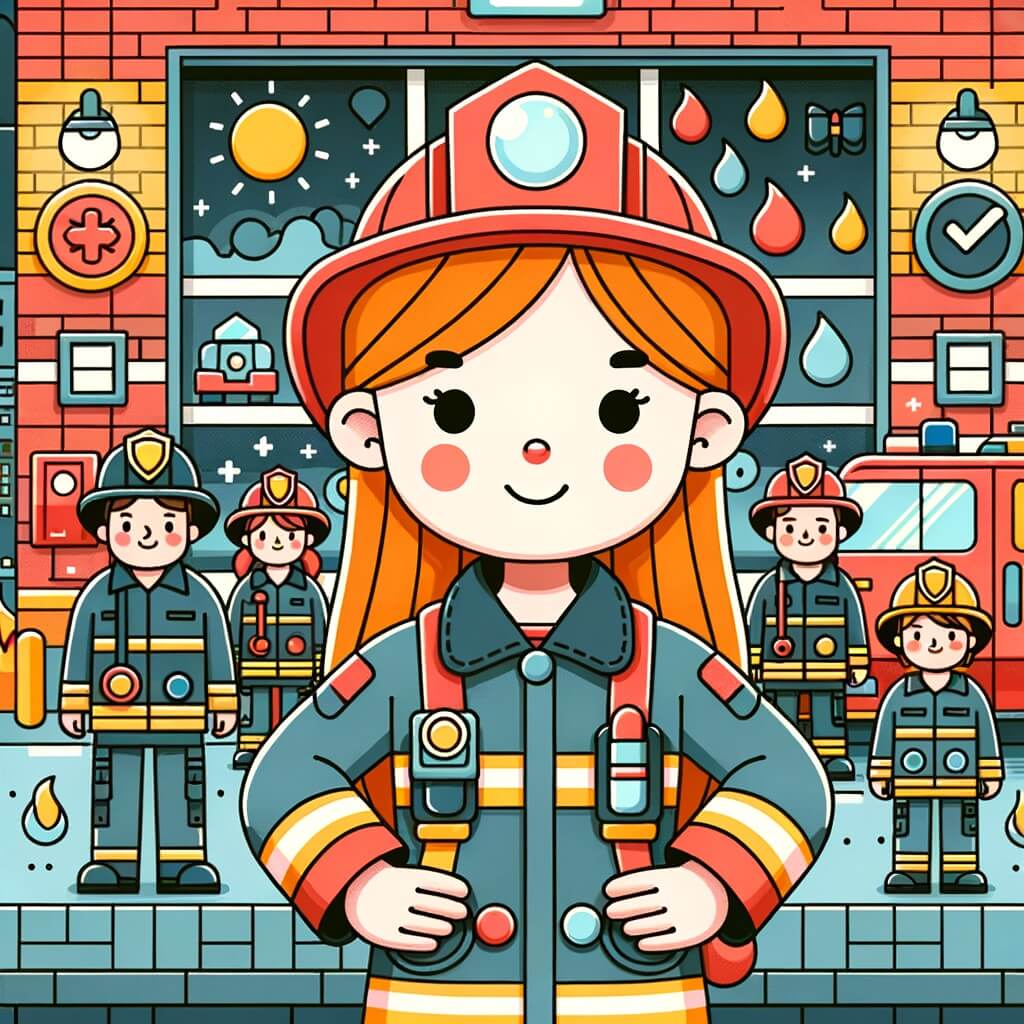 Une illustration pour enfants représentant une femme pompier courageuse, qui sauve des vies et éteint des incendies, dans une caserne de pompiers.