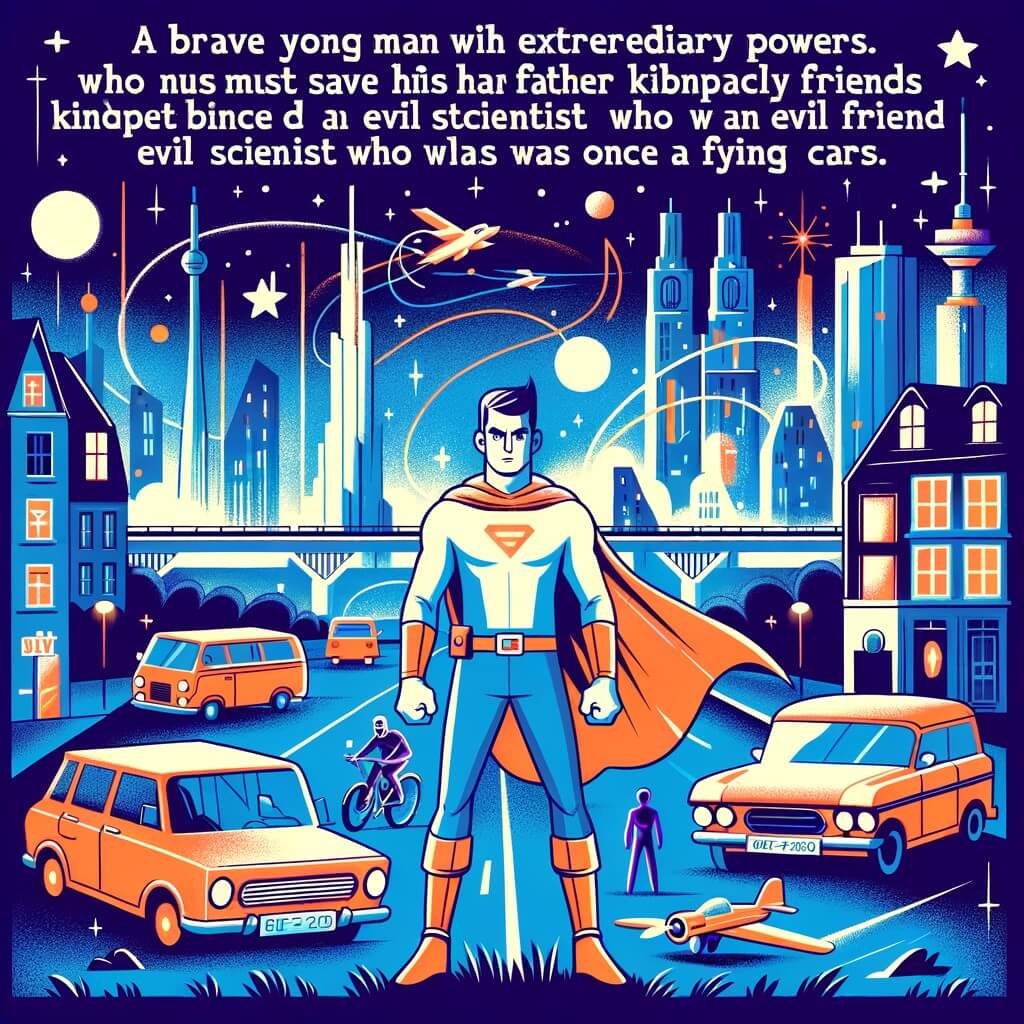 Une illustration pour enfants représentant un jeune homme ordinaire touché par un étrange rayon lors d'une expérience scientifique devenu un super-héros, luttant contre les méchants dans une ville fantastique.