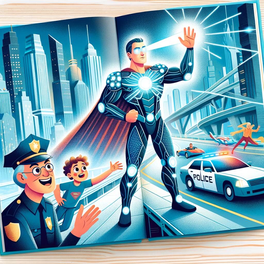 Une illustration pour enfants représentant un homme aux yeux bleus brillants, doté de super-pouvoirs, qui doit affronter un ennemi dangereux dans une ville fantastique.