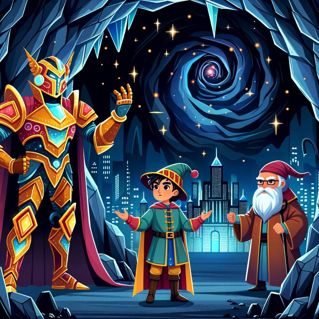 Une illustration destinée aux enfants représentant un héros vêtu d'un costume éclatant, faisant face à un puissant ennemi dans une grotte sombre et mystérieuse, accompagné d'un sage mentor, dans la ville scintillante de Métropolis.
