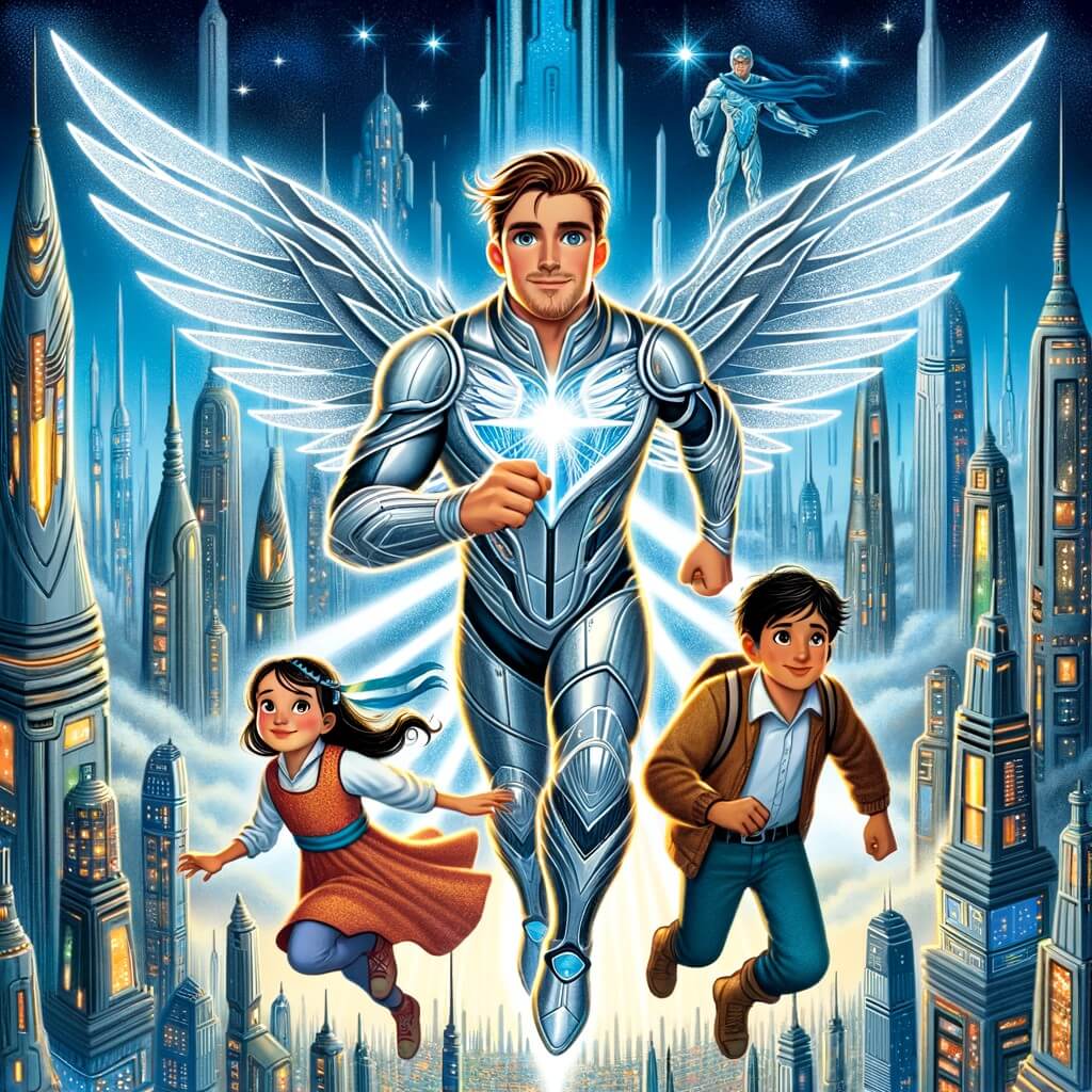 Une illustration destinée aux enfants représentant un homme au costume étincelant, doté de puissantes ailes métalliques, volant au-dessus d'une ville futuriste remplie de gratte-ciel scintillants, accompagné de ses fidèles amis, une fille curieuse et un garçon courageux, prêts à défendre Mirapolis contre les forces du mal.