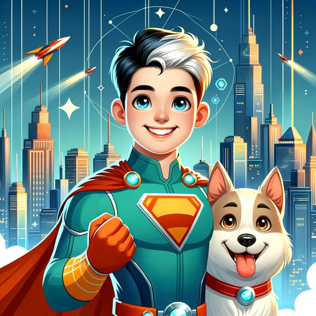 Une illustration pour enfants représentant un homme courageux doté de pouvoirs extraordinaires, protégeant une ville fantastique de la menace d'un super-vilain.