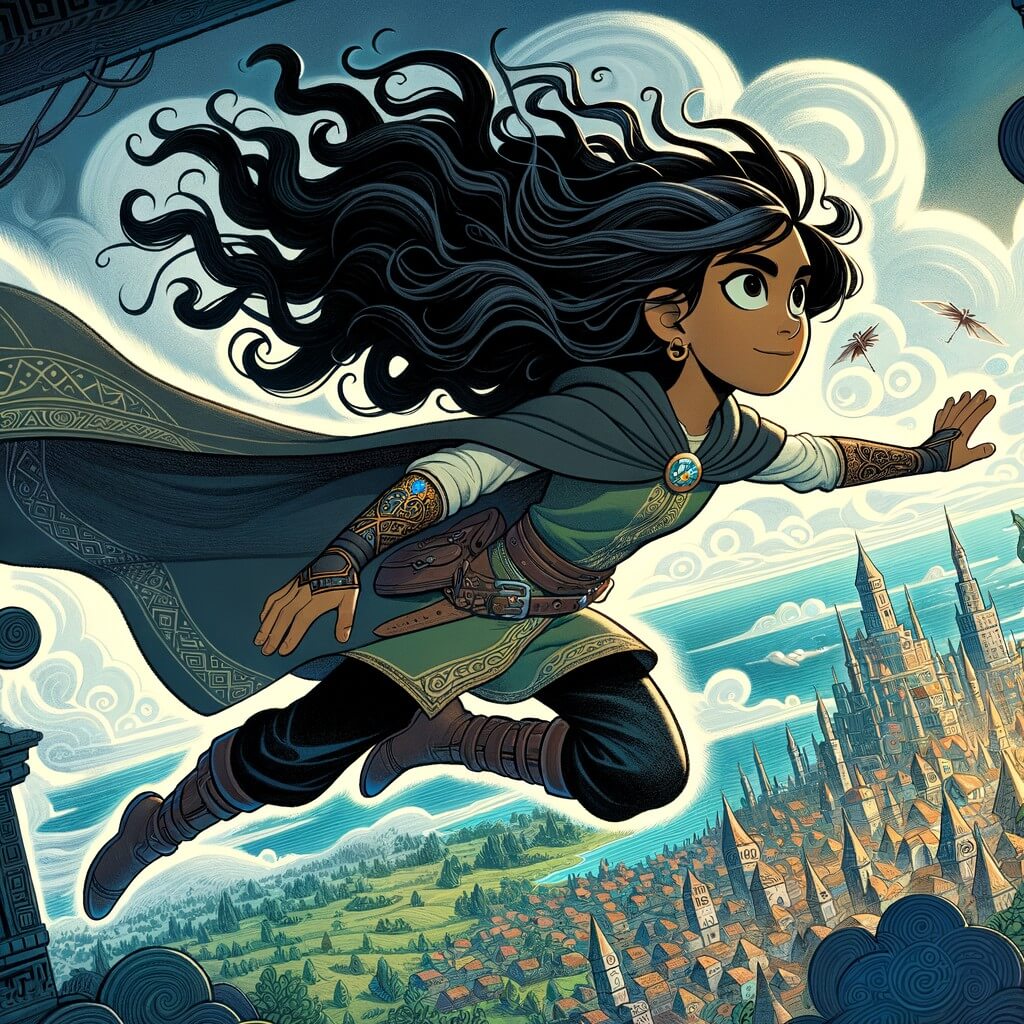 Une illustration pour enfants représentant une héroïne courageuse aux cheveux noirs volant au-dessus d'une ville fantastique, prête à affronter les forces sombres qui menacent Luminia.